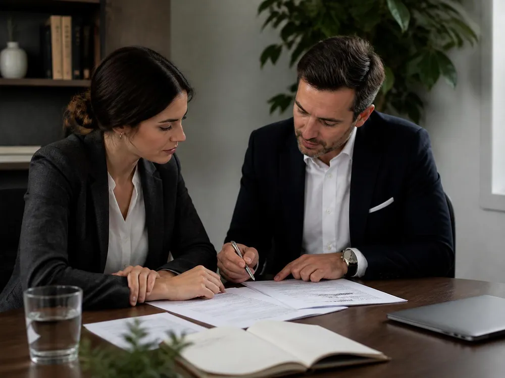 Two professionals reviewing printed financial reports together in a quiet office setting