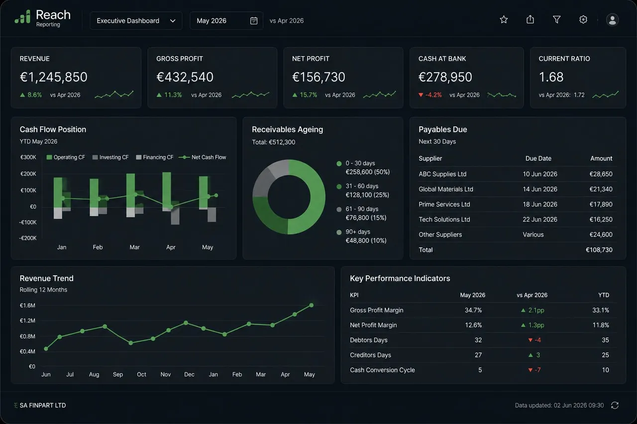 Executive dashboard built with Reach Reporting showing revenue, cash flow and KPI metrics